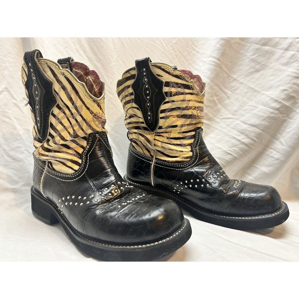 Ariat Fat baby Womens Boots 8.5 M Zebra Black Leather Studded Western Boho